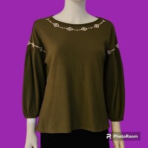 CRUEL DENIM Olive Green Western Aztec Embroidered Waffle Ribbed Blouse